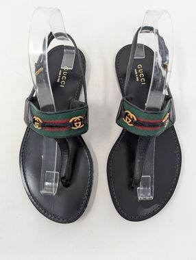 Gucci Jakarta GG Web Stripe Slingback Flat Leather Thong Sandals Size 36.5